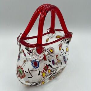 Vintage Hand Blown Purse Vase Floral Millefiori Art Glass Crystal Murano Style